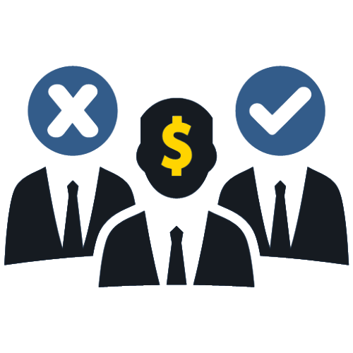 B2B Marketing An icon of 3 people demonstrating a negative B2B marketing lead, a positive B2B qualified sales-ready lead, and a B2B customer.