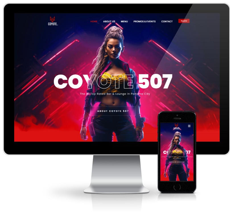 A bar website developed by Ombrella shown on a monitor and cell phone perspective.