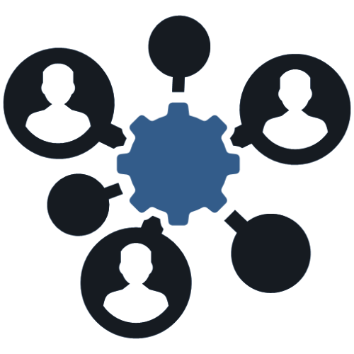 An icon of a gear attached to various bubbles with people in them representing brand awareness.