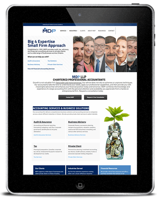 Client Study: Accounting Firm Marketing Services A tablet showing a custom developed website for an accounting firm.