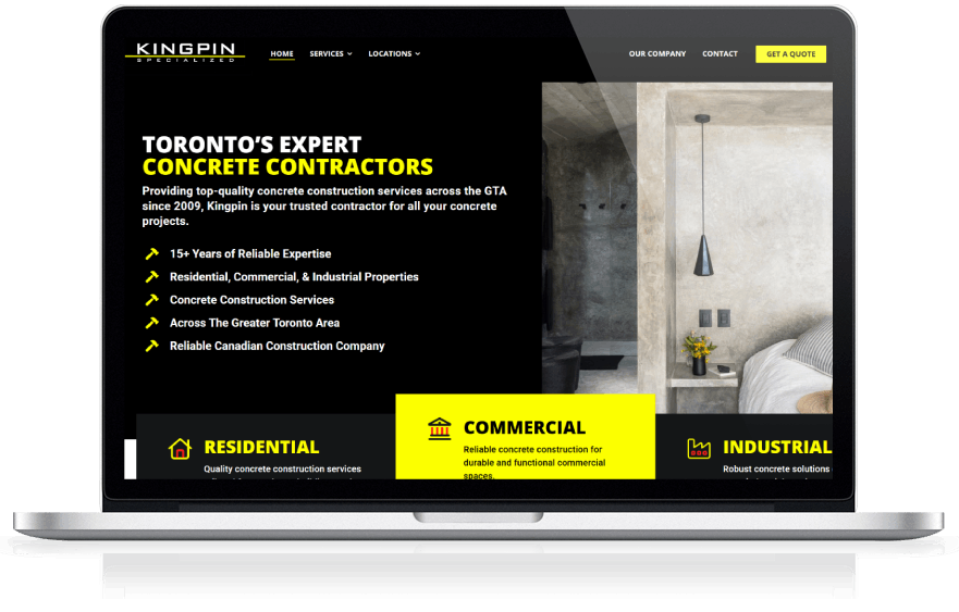 Client Study: Construction Company Marketing Services A laptop showing a construction company website design created by Ombrella.