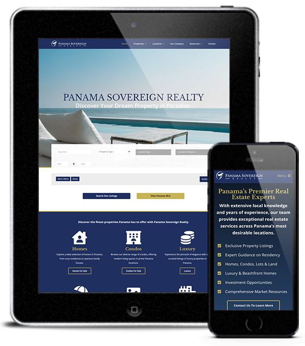 Client Study: Real Estate Marketing Services A tablet and cell phone displaying a website for a real estate agency designed by Ombrella.