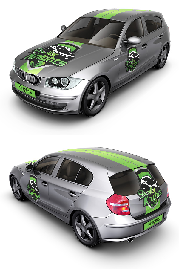 Client Study: Social Media Marketing & PR A branded mockup of a car in various positions, showcasing the logo developed by Ombrella.