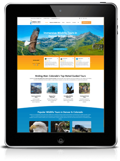 Client Study: Travel Tour Company Marketing Services A tablet showing a website design for a tour company created by Ombrella.