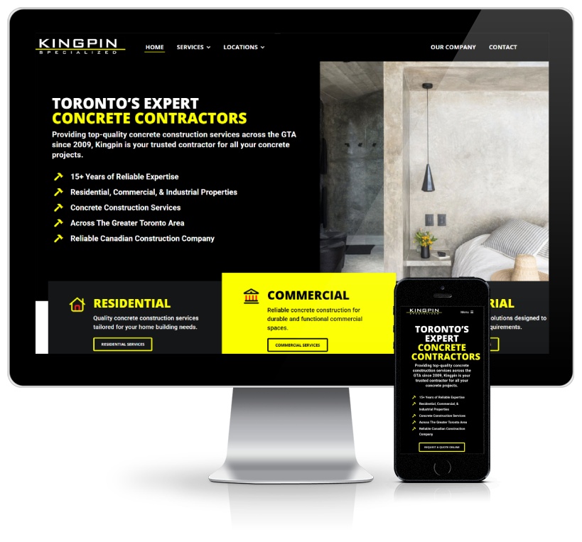 Devices showcasing a construction company website developed by Ombrella..