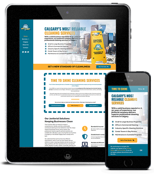 Digital Marketing Client Study Cleaning Services The different viewports for a cleaning company website for a case study about lead generation and client acquisition for janitorial services.