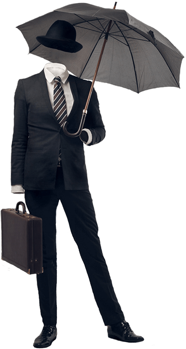 An invisible man in a suit holding an umbrella representing an expert in social media and PR.