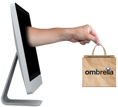 Google Search Engine Optimization A hand coming out of a monitor delivering a bag branded with the Ombrella logo.