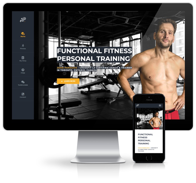 A gym and fitness services company website design featured on a monitor and cell phone, designed by Ombrella.