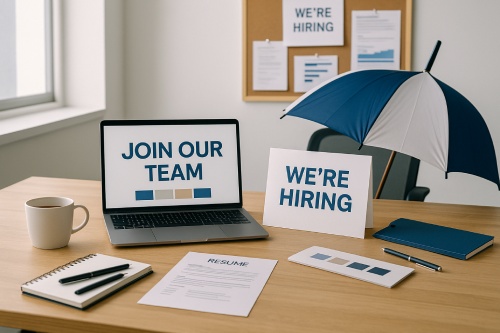 A desk showcasing an advertisement for marketing jobs at Ombrella.