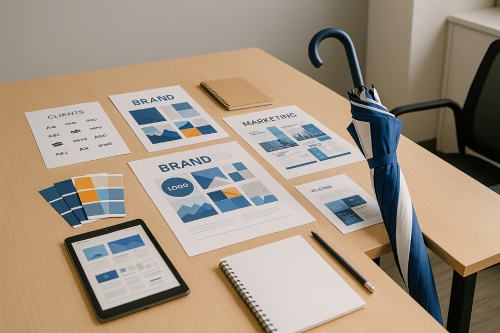 A desk showcasing various clients from digital marketing agency Ombrella.