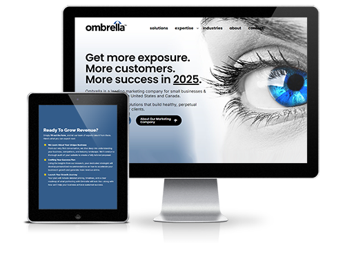 Ombrella’s Marketing and Sales-Focused Web Development Solution A computer monitor and tablet showing a website developed on marketing, advertising, and sales best practices.