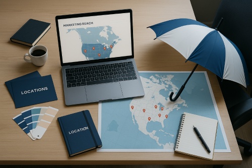 A laptop showing a map of Canada and the United States where Ombrella digital marketing agency provides services.