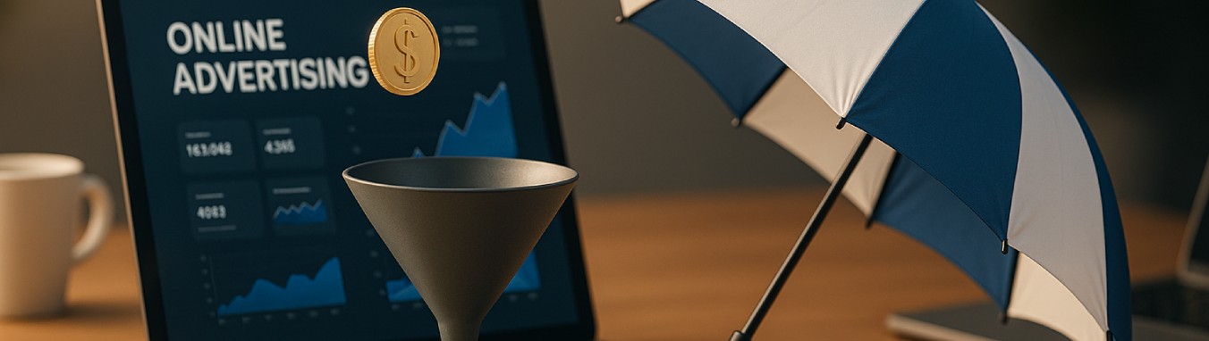 A computer in the office of Ombrella marketing agency showing online advertising with a funnel and coin.