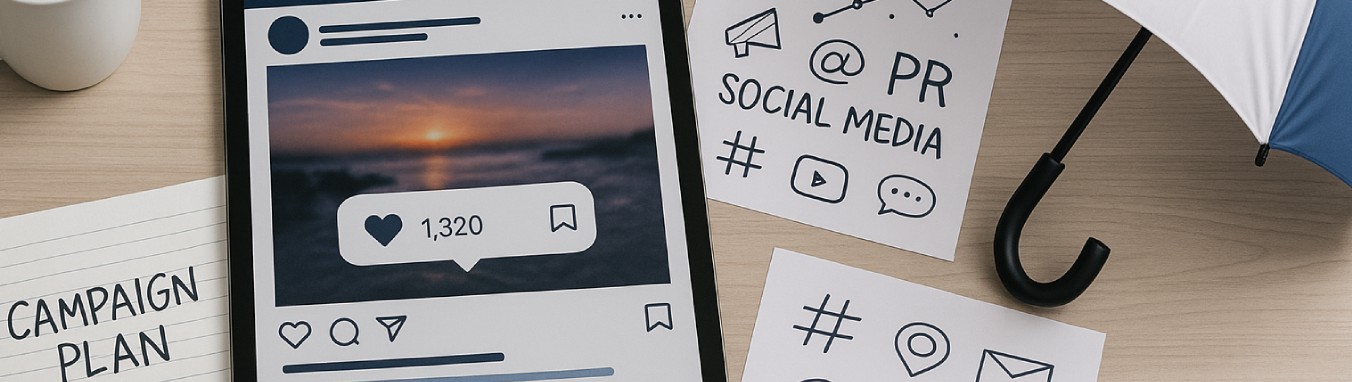 A tablet showing the development process for delivering social media marketing and PR at Ombrella.