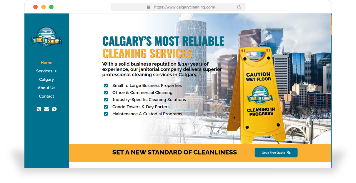 Ombrella’s Commercial Cleaning Website Design The homepage of a commercial cleaning company website made by Ombrella.