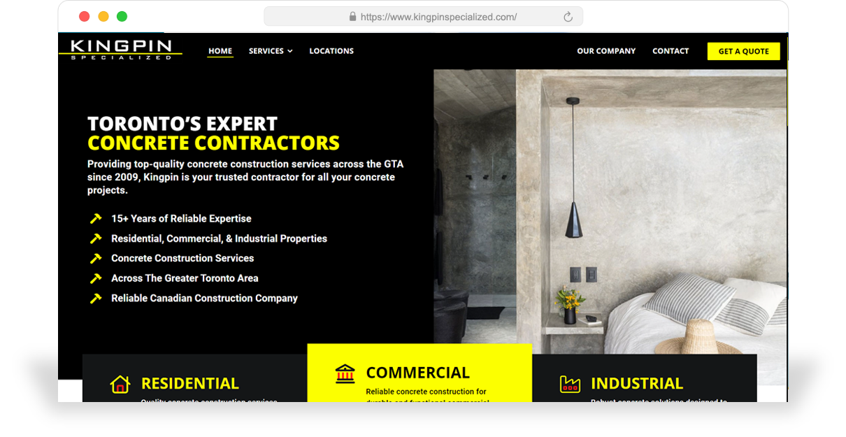 Construction Company Website Design The homepage of a construction company website designed by Ombrella.