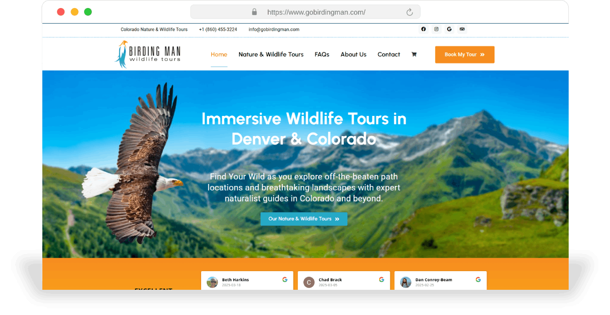 Birding Man Wildlife Tours An e-commerce website that sells wildlife tours.