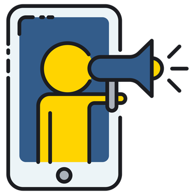 Social Media Marketing & PR An icon of a mobile phone with a person pictured using a megaphone representing PR and social media.