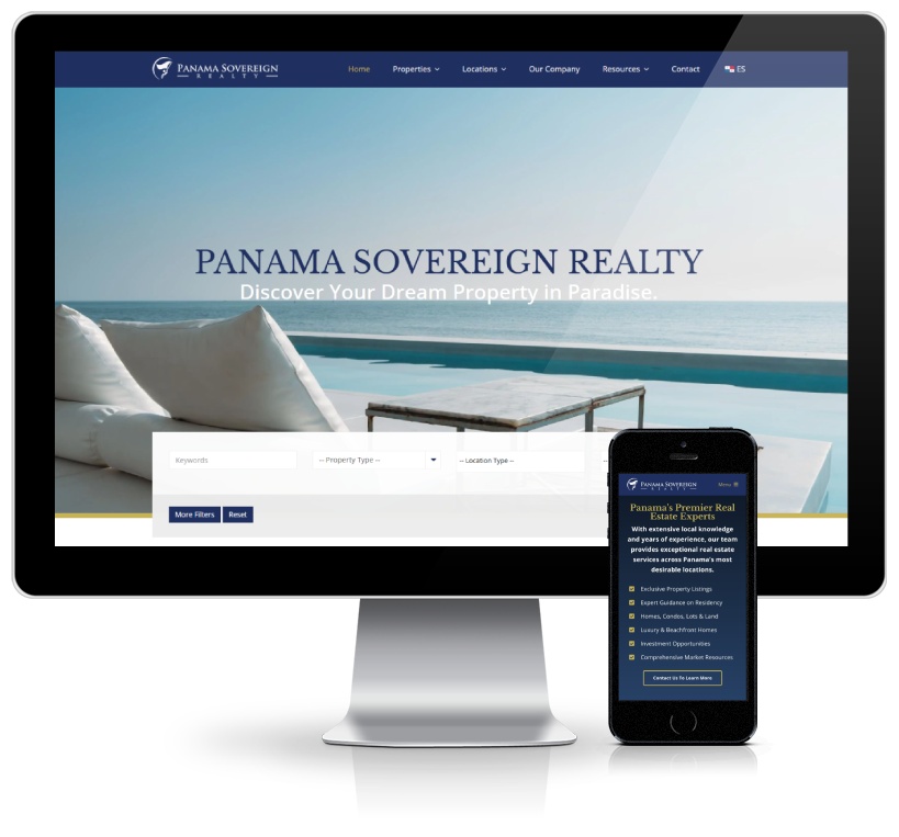 A monitor and cell phone showcasing a real estate agency website developed by Ombrella..