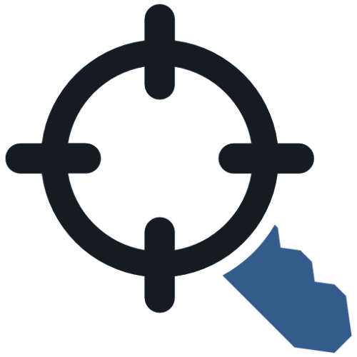 An icon of a magnifying glass with the head as a crosshair representing SEO services.