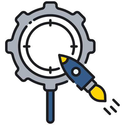 SEO & Search Marketing Services An icon of a magnifying glass with a rocket aiming at it representing SEO..