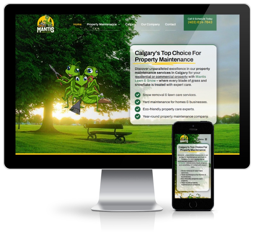 A cell phone and monitor showing a website for a landscaping service company, designed by Ombrella.