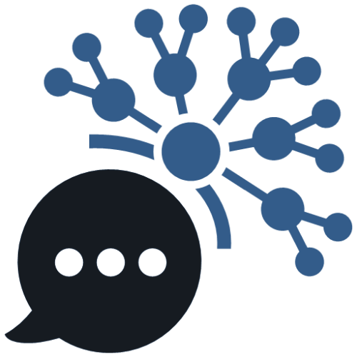 An icon of a chat bubble with a dot network array representing social media and PR services.