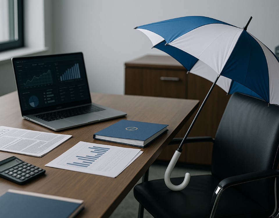 Client Case Study Accounting Firm An accountants desk showing successes from a marketing campaign with an open umbrella on the chair.