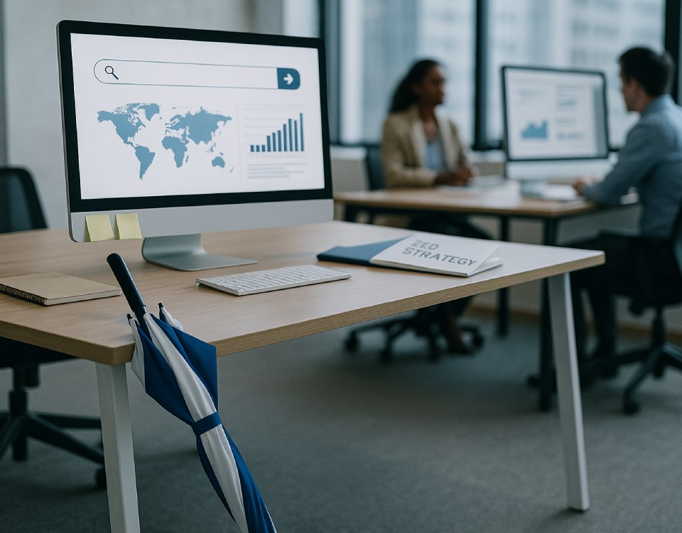 Client Case Study B2B Software A desk showing analytics for B2B lead generation with a closed umbrella.