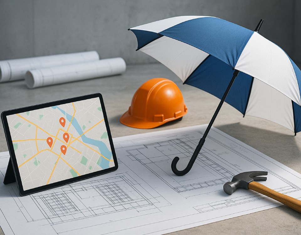 Client Case Study Concrete Construction A tablet showing local marketing strategy for a construction company on a desk with a helmet and umbrella.