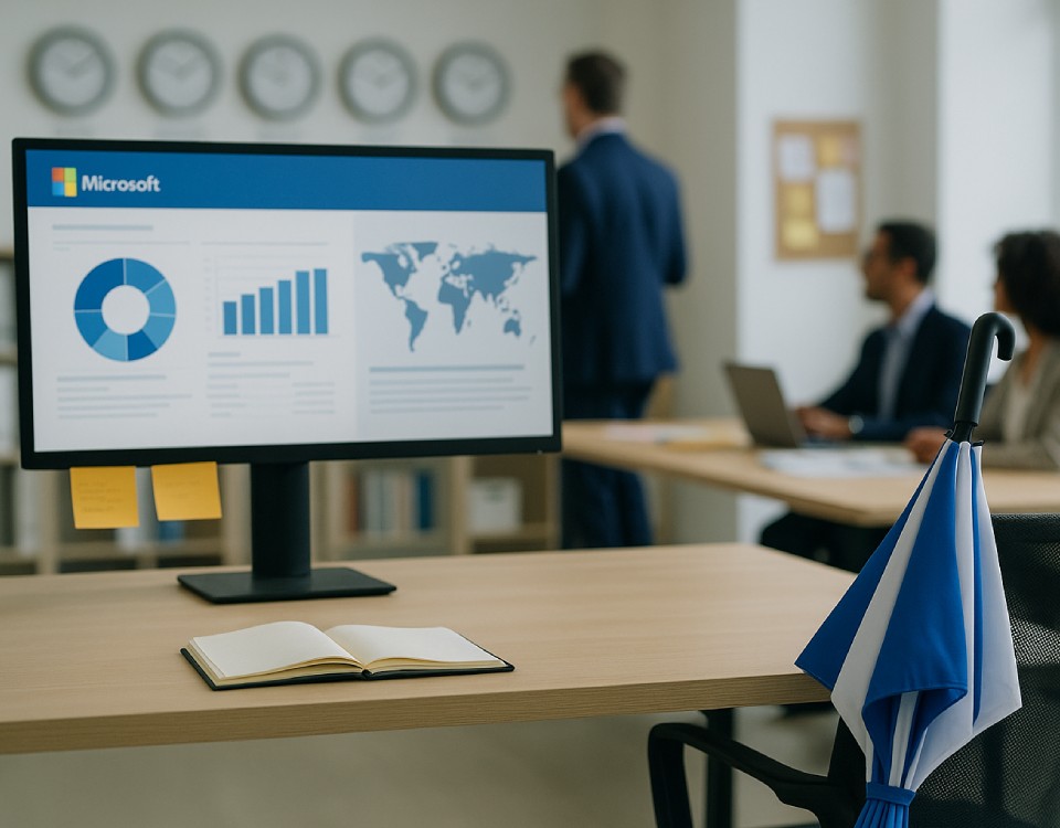 Client Case Study ERP CRM A desk with computer monitor showing analytics for a ERP/CRM marketing campaign with an umbrella leaning on the side.