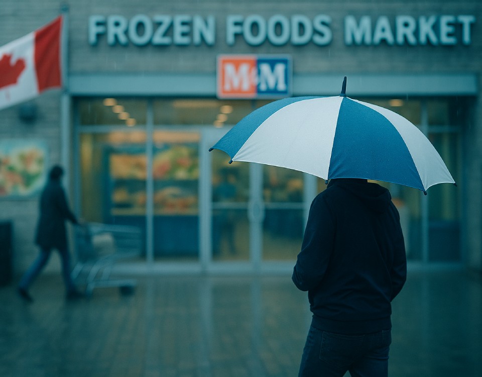 Client Case Study Food Market A man holding a blue and white umbrella outside a Canadian frozen food market.