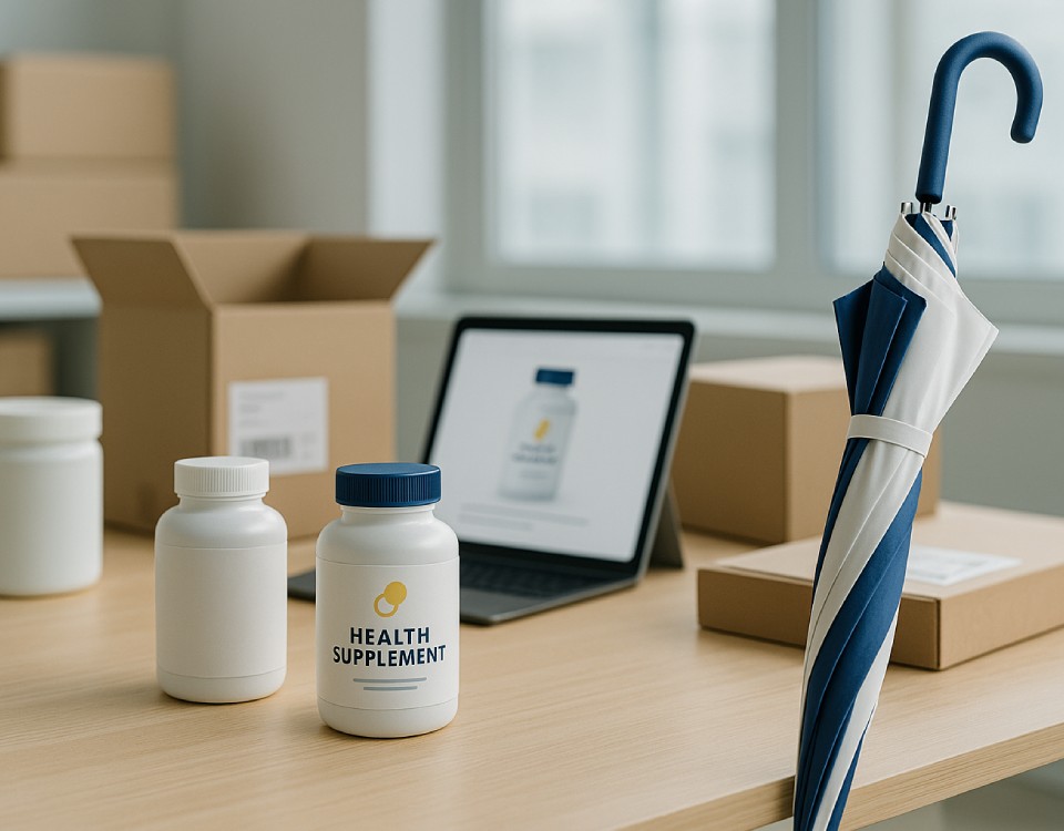 Client Case Study E-Commerce Health Products A desk with an open tablet showing e-commerce analytics, with health products in bottles and a blue and white umbrella.