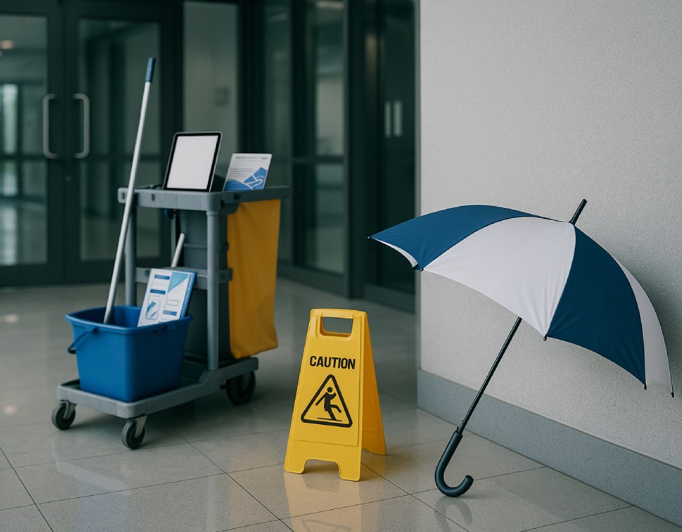 Client Case Study Janitorial Services A janitor's cleaning cart with tablets and an umbrella.