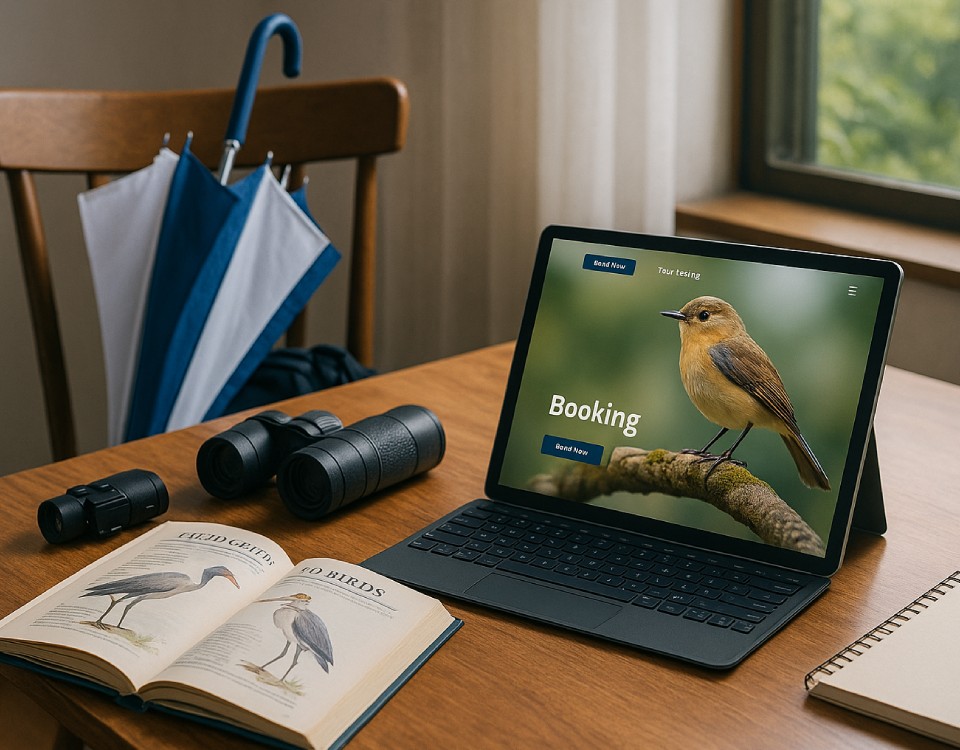 Client Case Study Wildlife Tours A desk with a laptop showing an ecommerce website for wildlife tours.